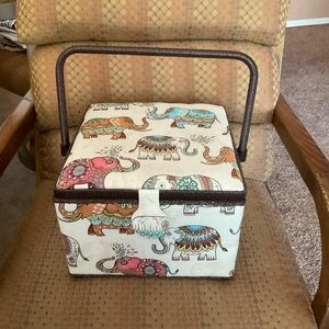 Sewing Box Gorgeous Colorful Elephants Fabric Padded w Handle